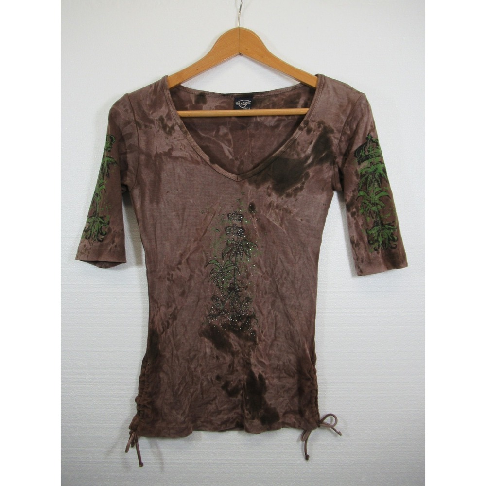 Sledge USA Rhinestone Tie Dye Top Women S 3/4 Sleeve V-neck Y2K Grunge Slim Fit